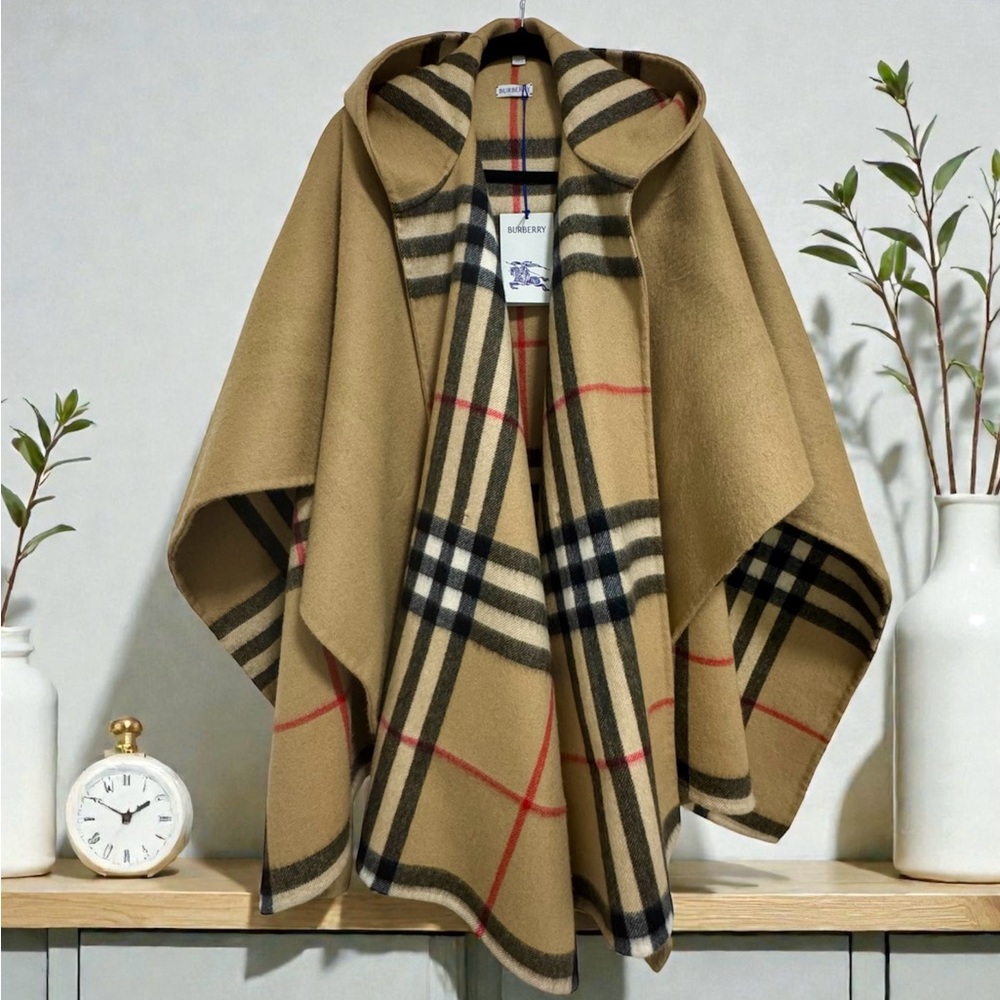 Burberry Camel Plaid Hooded Cape